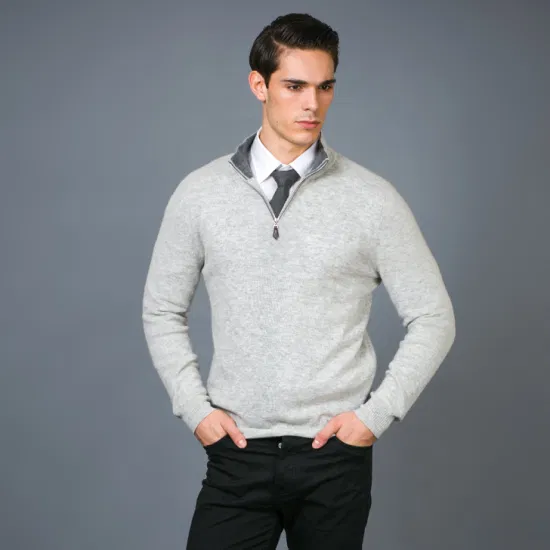 Pull en cuir à fermeture éclair quart de laine et cachemire pour hommes haut