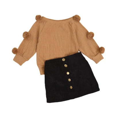 ABC enfants enfants enfant en bas âge bébé fille automne hiver tenue à manches longues pompon tricoté chemise pull haut bouton jupe 2 pièces ensemble de vêtements